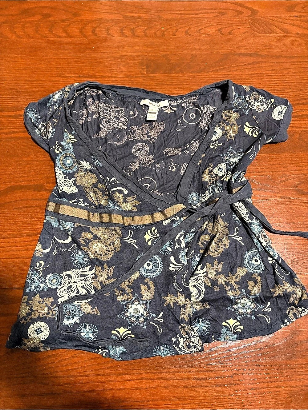 MNG by Mango Paisley Wrap Blouse in Dark Blue & Gold Size Medium-Small
